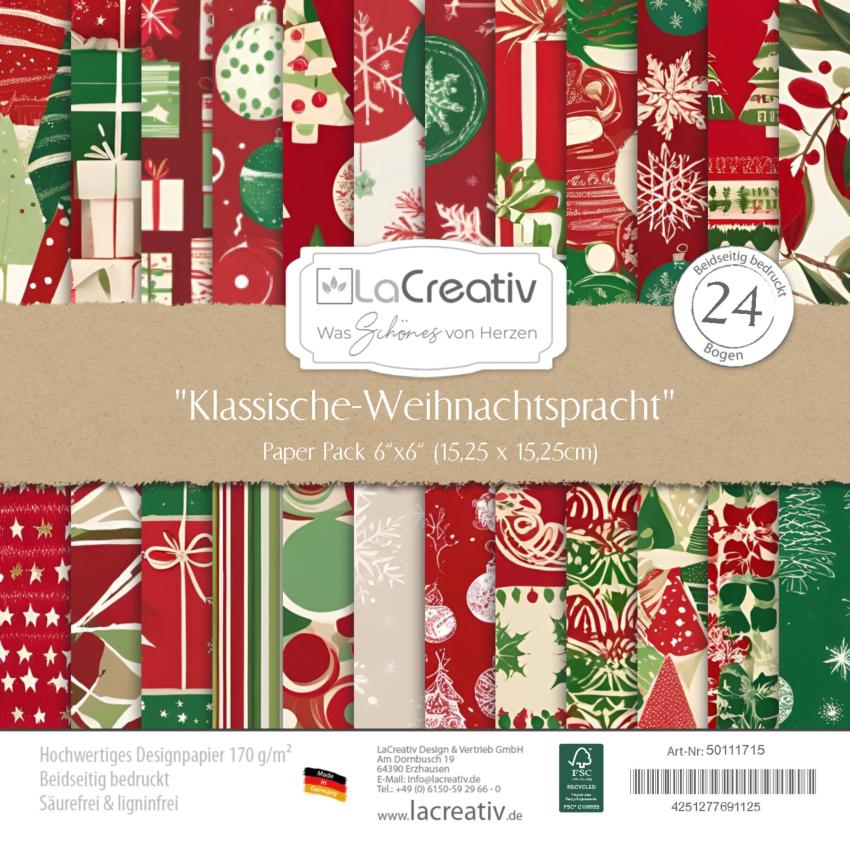 LaCreativ - Designpapier "Klassische Weihnachtspracht" Paper Pack 6x6" - 24 Bogen