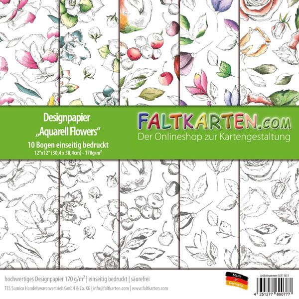 Designpapier 12"x12" 170gr "Aquarell Flowers" 10 Bogen